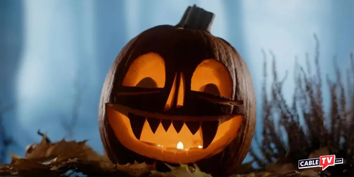 Jack-o-Lantern illuminated from within on the floor of a misty forest. CableTV.com logo in bottom right.
