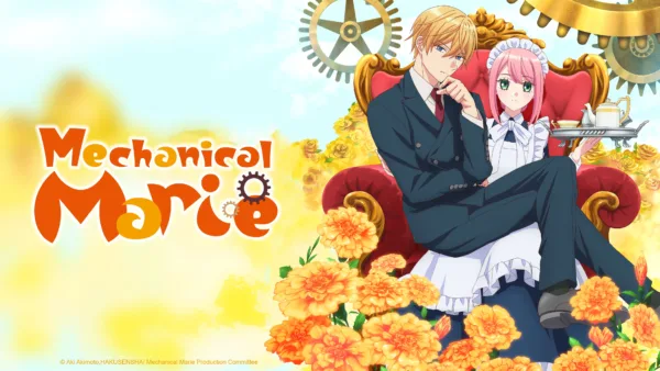 A maid with a serious expression holds a grown man on her lap. There are gears everywhere.