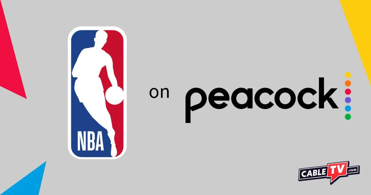 NBA and Peacock logos on a gray background with CableTV.com logo in bottom right corner.