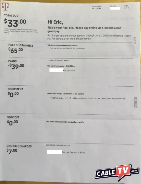 T-Mobile 5G Home Internet Bill 1 An image of paper T-Mobile bill. Sections of the bill show charges and pricing for things like late fees and equipment costs.