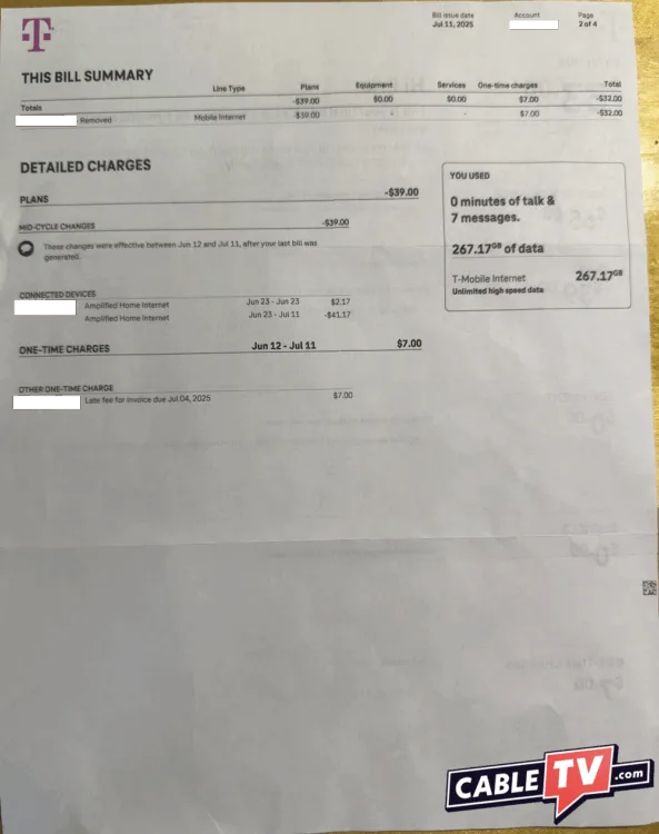 T-Mobile 5G Home Internet Bill 2 An image of paper T-Mobile bill. Sections of the bill show charges and pricing for things like late fees and equipment costs.