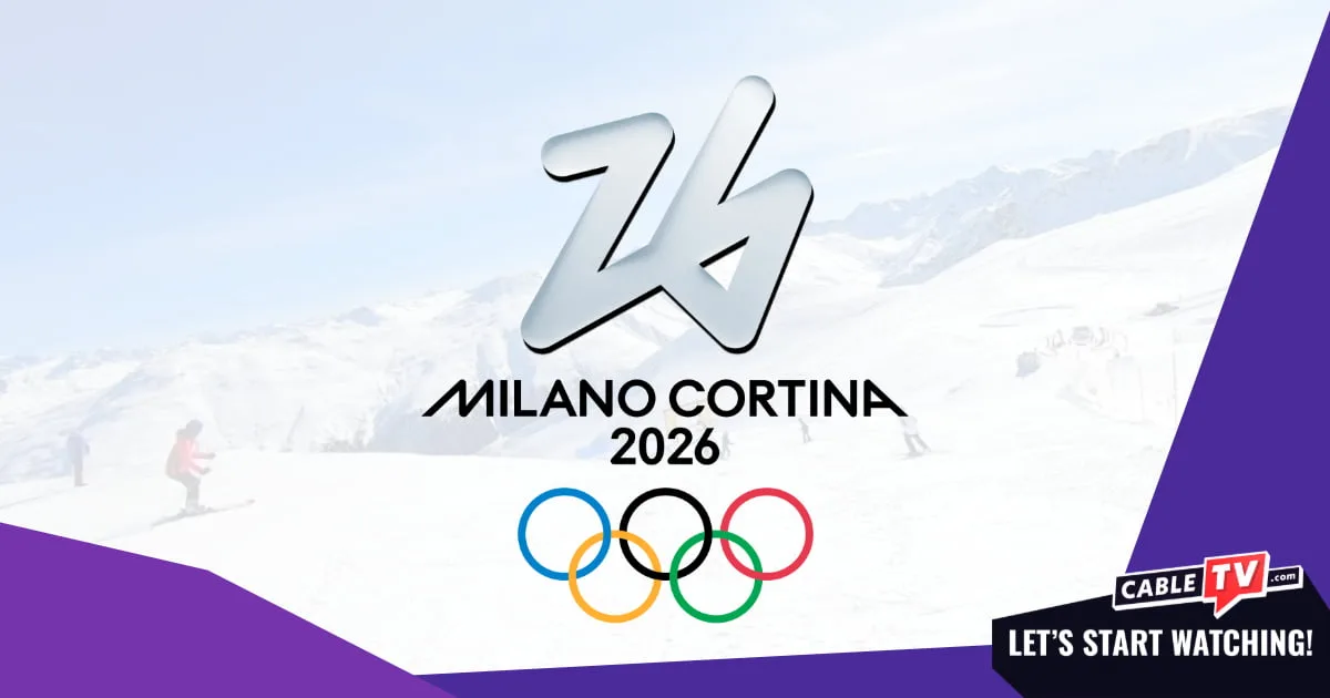 The Milano Cortina 2026 Winter Olympics logo over an image of the Italian Alps.