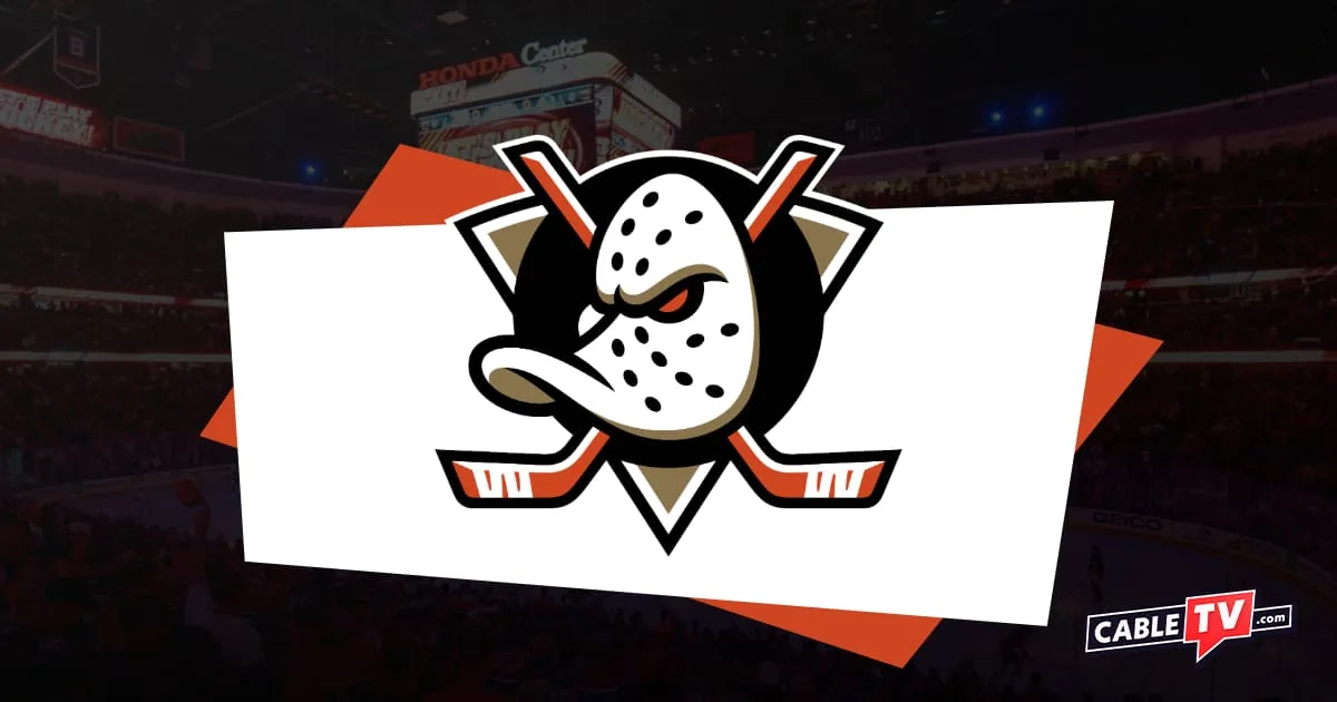 Anaheim Ducks logo featuring a white hockey mask shaped like a duck's bill in front of two crossed hockey sticks