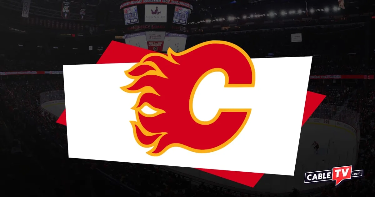 Calgary Flames logo featuring a red letter C with an orange outline with flames. Hockey stadium with shadow effect in the background and CableTV.com logo in bottom right.