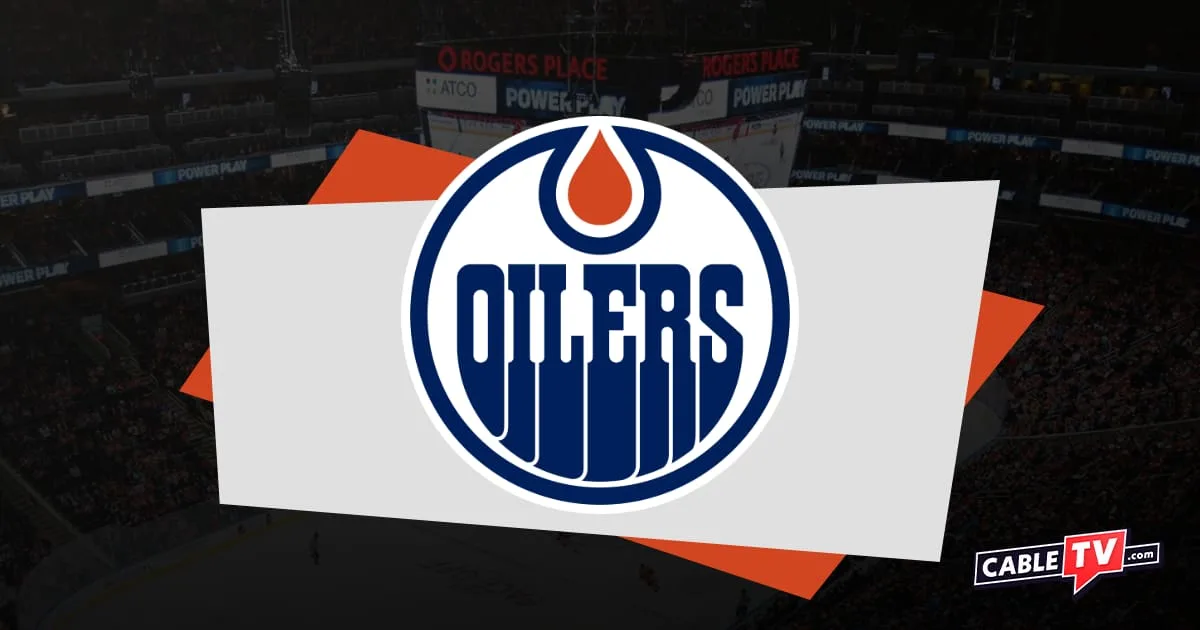 Blue and orange Edmonton Oilers logo with a hockey arena in shadow as background.