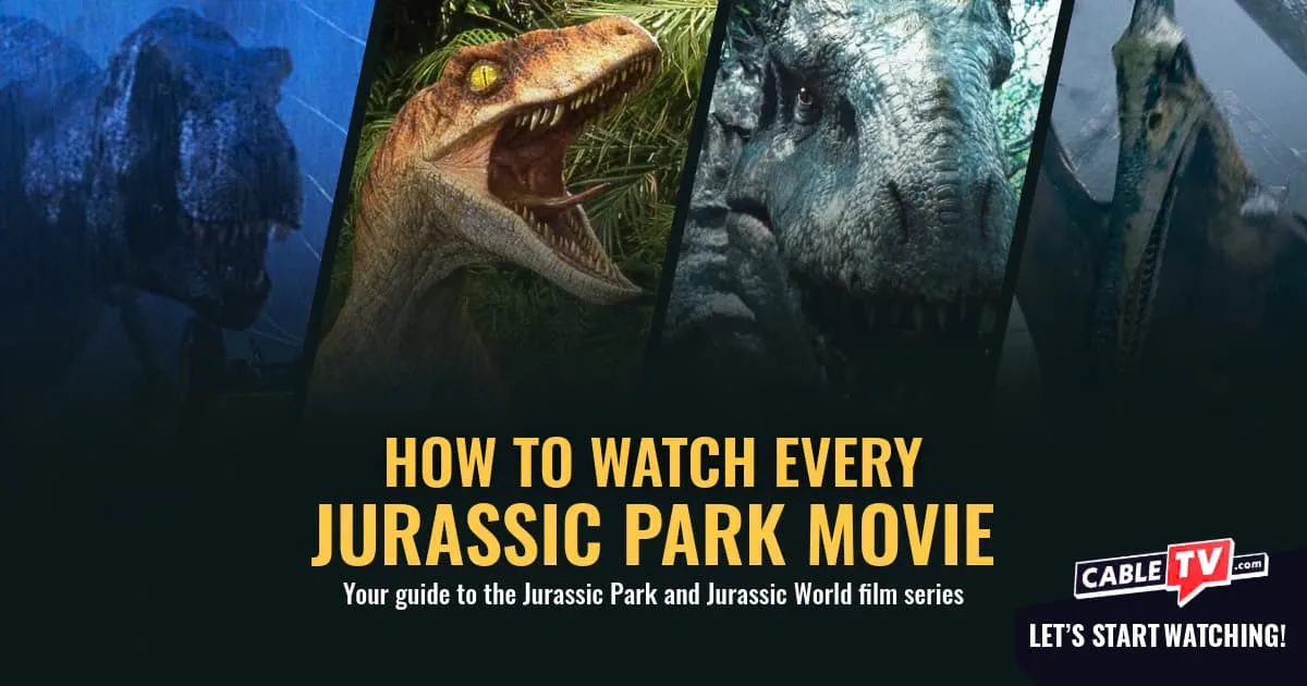 How to Watch Every Jurassic Park Movies with background of a collage of images from four Jurassic Park films