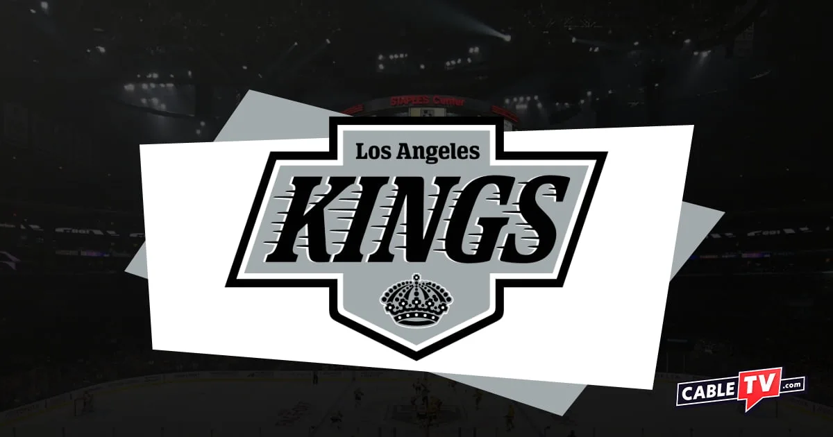 Gray and black Los Angeles Kings logo with hockey arena as background