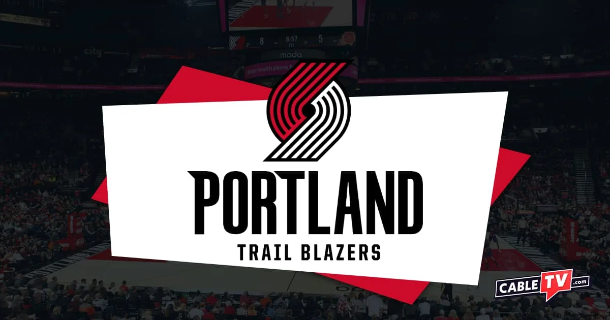 Portland Trail Blazers logo atop red and white overlapping background shapes over an image of a basketball court with shadow effect.