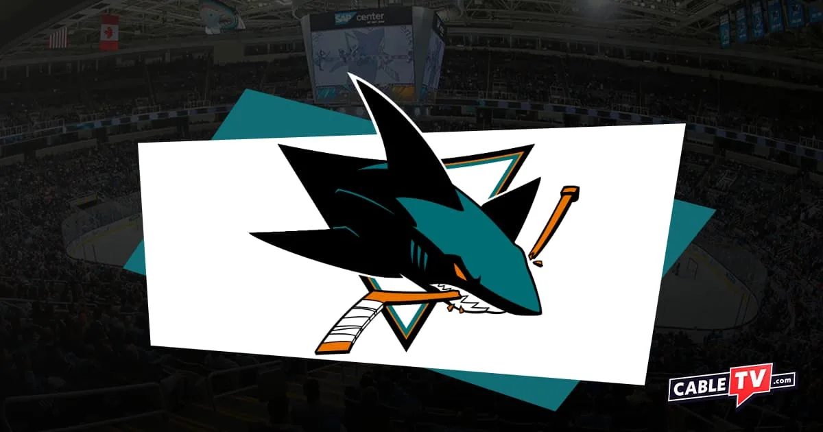 San Jose Sharks logo featuring a teal shark biting a hockey stick. Hockey arena with heavy vignette as background.