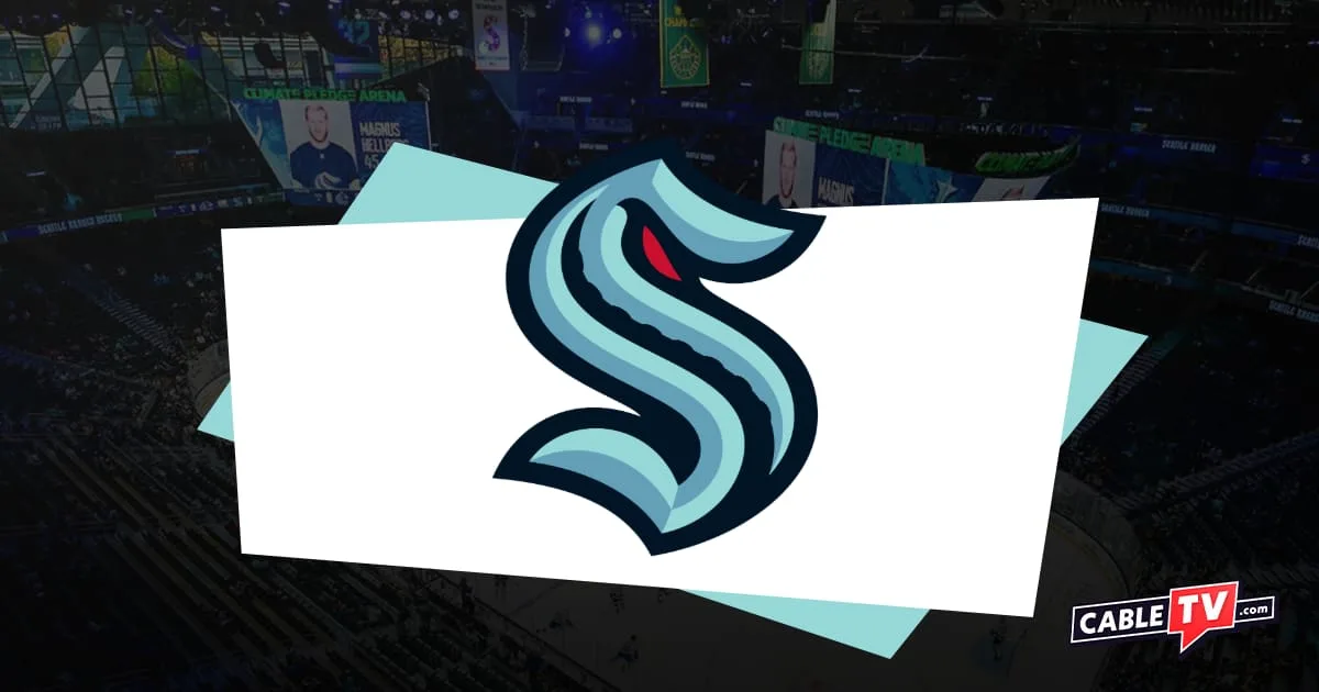 Seattle Kraken logo featuring an aquamarine letter S with squid-like detailing and a red eye. Background of darkened hockey arena.