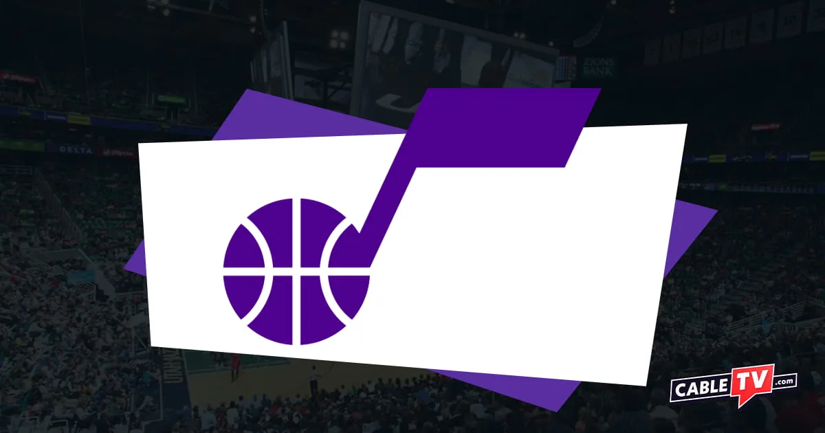 Utah Jazz logo featuring a purple basketball with a flag attached like a music note on a white field with a basketball court as a background