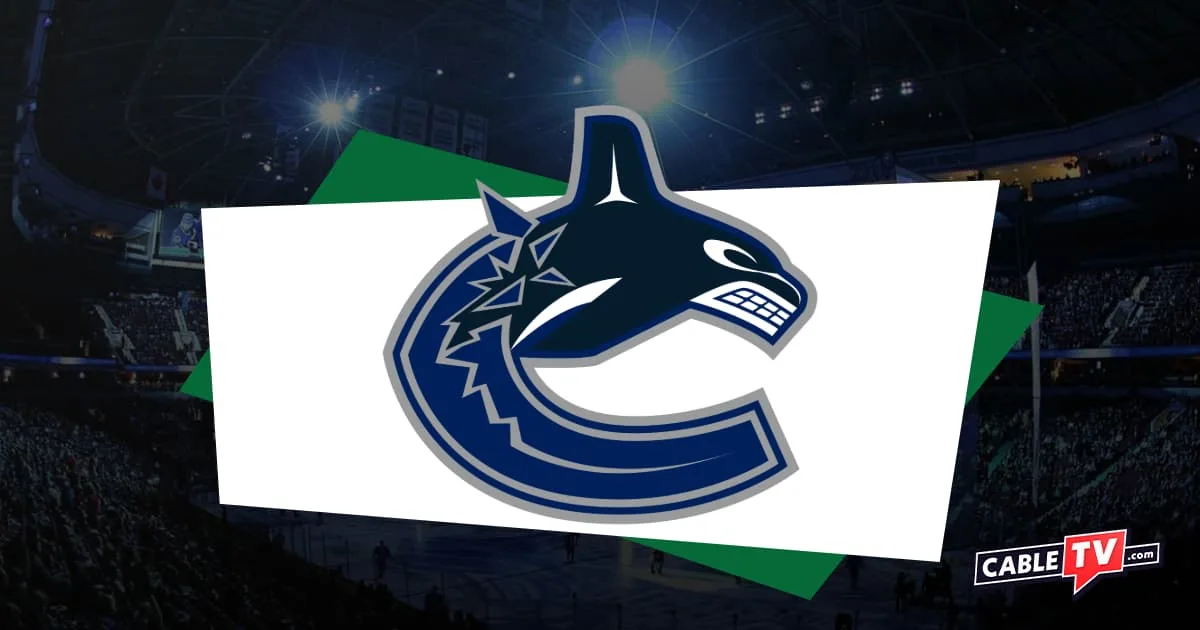 Vancouver Canucks logo featuring a dark blue marine animal with an angry face in the shape of the letter C. Darkened image of hockey arena as background.