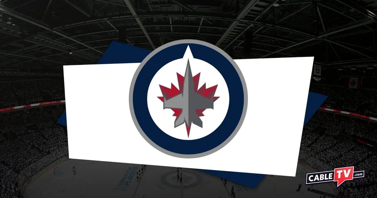 Winnipeg Jets logo featuring a gray fighter jet on a red maple leaf with a white background and dark blue and gray borders
