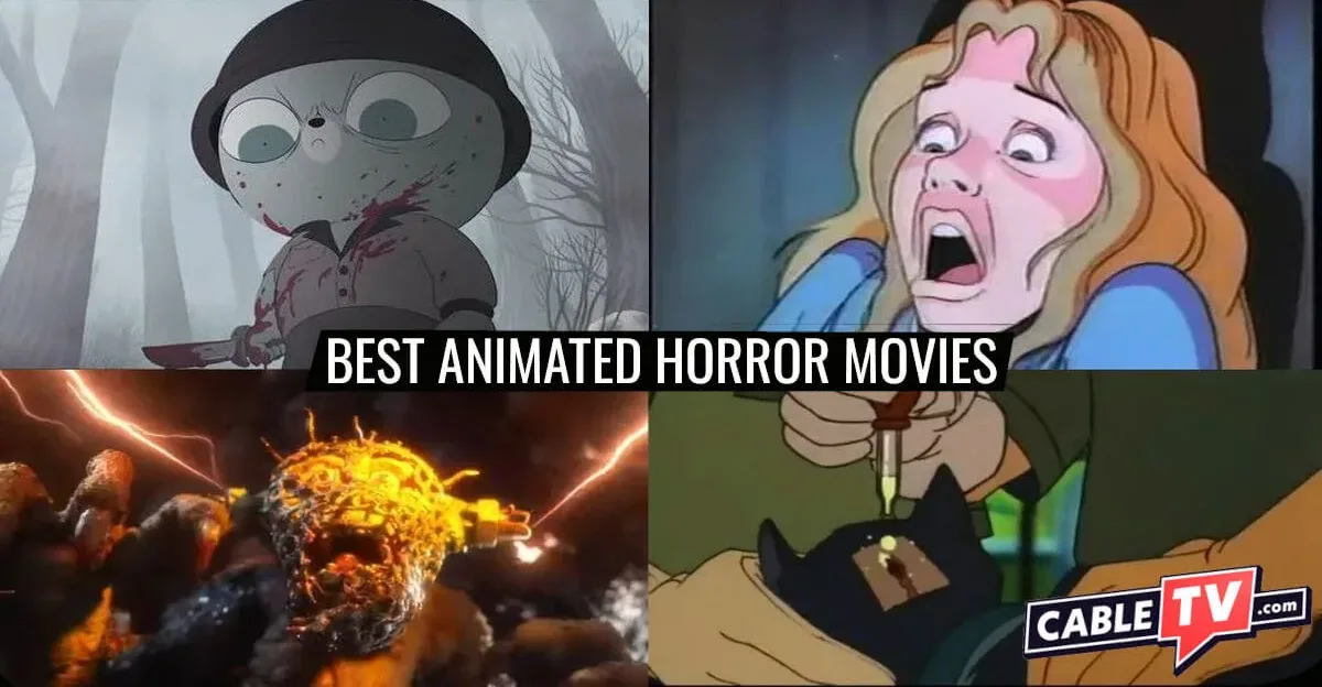 A collage of images from Unicorn Wars, Heavy Metal, Mad God, and Felidae, some of the films mentioned in CableTV.com’s Best Animated Horror Movies Guide.