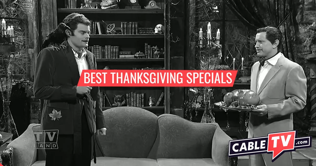 A black-and-white image shows two men in suits standing in an old mansion. One man has a raven on his shoulder. The other carries a Thanksgiving turkey on a platter.