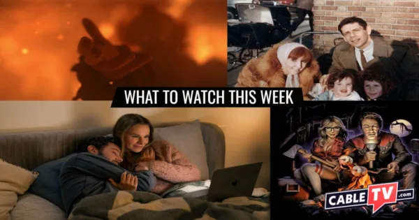 A collage of images from IT: Welcome to Derry, Stiller & Meara: Nothing is Lost, Nobody Wants This, and Joe Bob’s Splatterween, shows covered in CableTV.com’s What to Watch This Week column for Oct. 20–26.