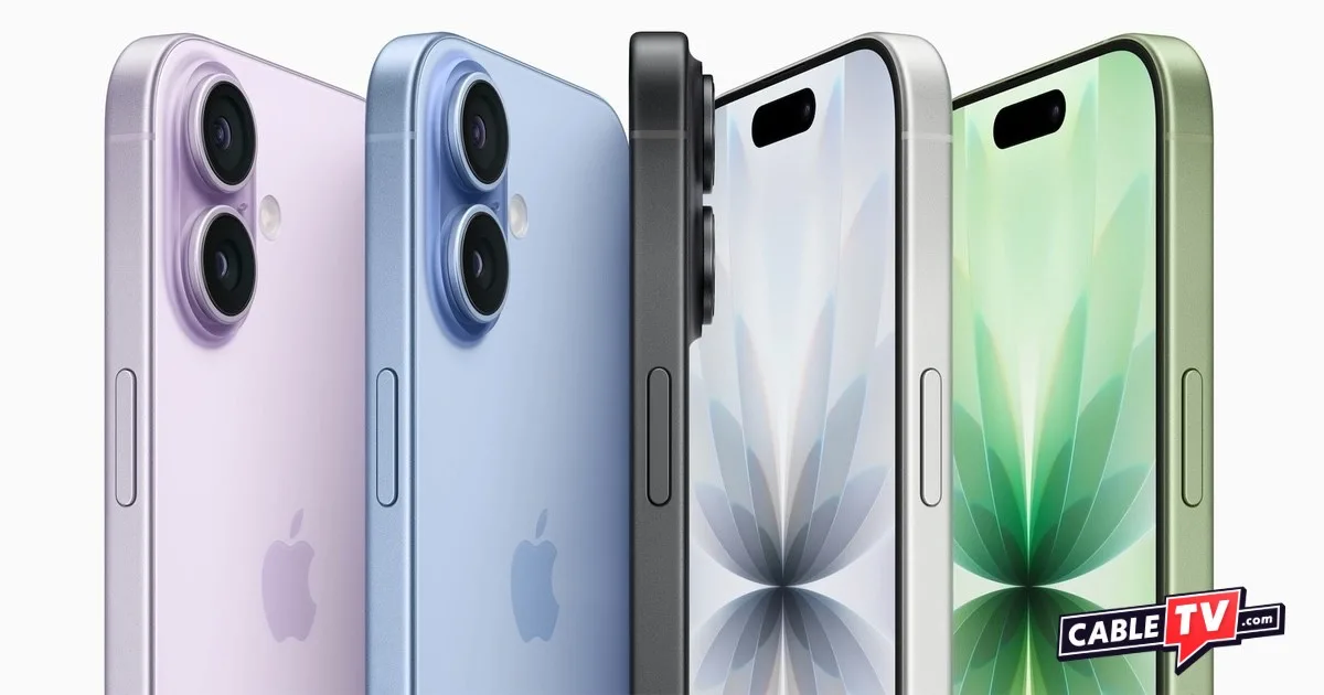 Image of five iPhone 17s of different colors in a fan arrangement from the side