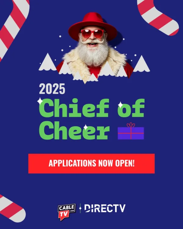 Santa in red shades smiling with the DIRECTV logo below.