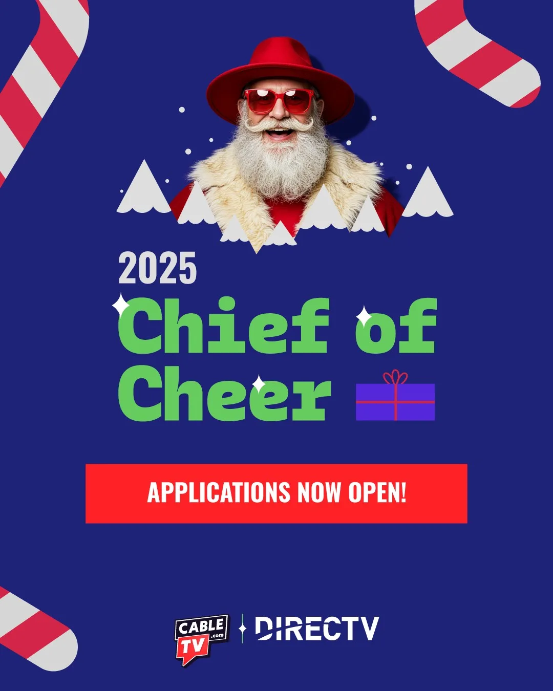 Chief of Cheer Holiday Dream Job Santa in red shades smiling with the DIRECTV logo below.