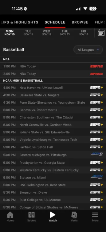 ESPN Unlimited Mobile Schedule A list of ESPN channel listings shown via the ESPN app.