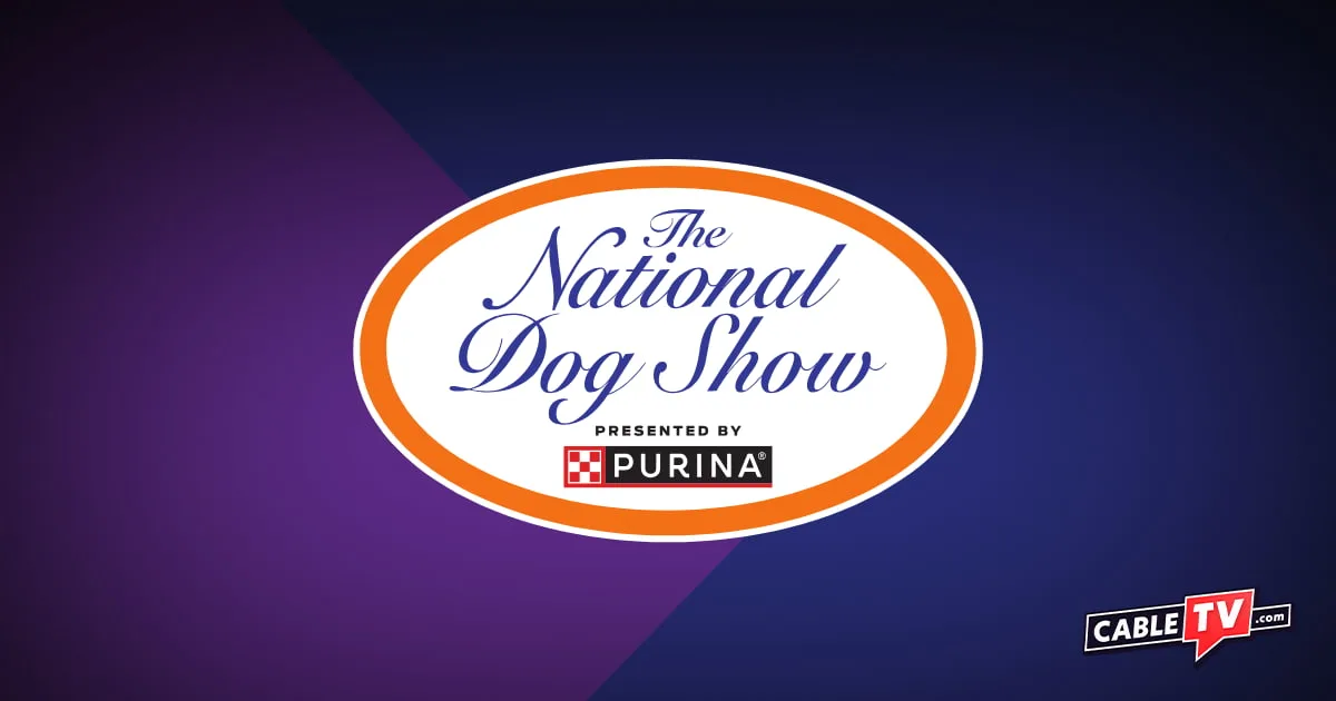The National Dog Show logo on a blue and purple background