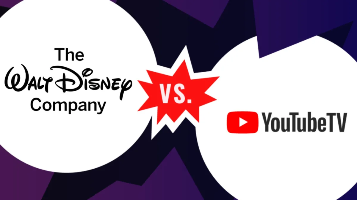 Walt Disney Company and YouTube TV logos divided by a vs. graphic.