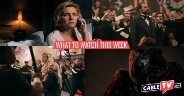 What to Watch This Week - Nov. 3–9 A collage of images from Pluribus, Death by Lightning, Stumble, and Frankenstein, shows covered in CableTV.com’s What to Watch This Week column for Nov. 3–9.