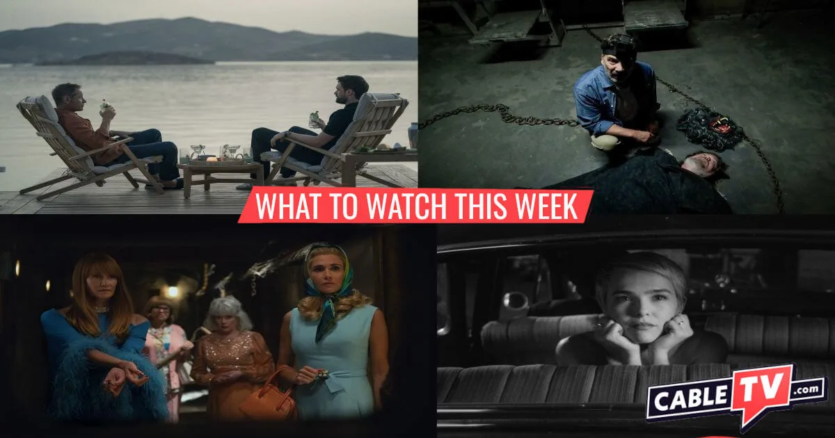 A collage of images from Malice, The Creep Tapes, Palm Royale, and Nouvelle Vague, shows covered in CableTV.com’s What to Watch This Week column for Nov. 10–16.