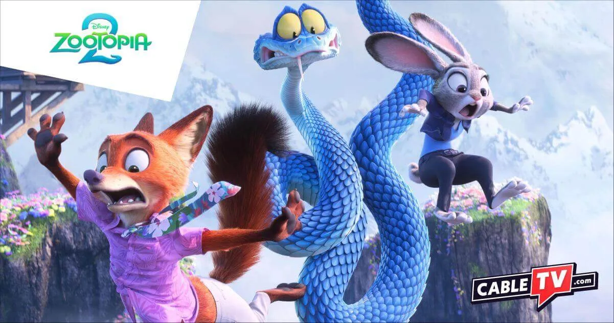 In a scene from Zootopia 2, Nick Wilde (a fox) and Judy Hopps (a bunny) fall off a cliff with Gary De’Snake.