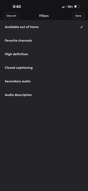 App filters Screenshot of the Xfinity Stream mobile app showing search filters.
