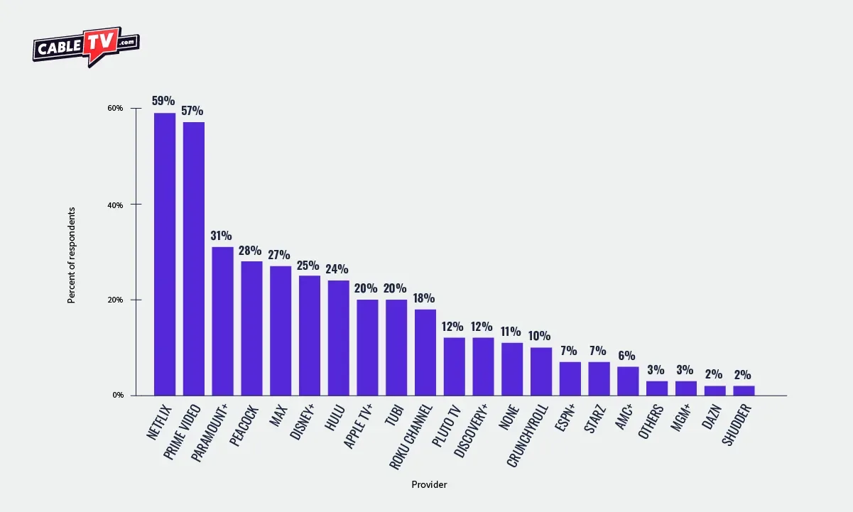 CTV 2026 Customer Satisfaction Survey_Stream Chart-2 Bar chart representing the number of subscribers for each streaming service. Netflix and Prime Video are far ahead of Paramount+, the next most popular service. The services with the smallest number of subscribers are MGM+, DAZN, and Shudder