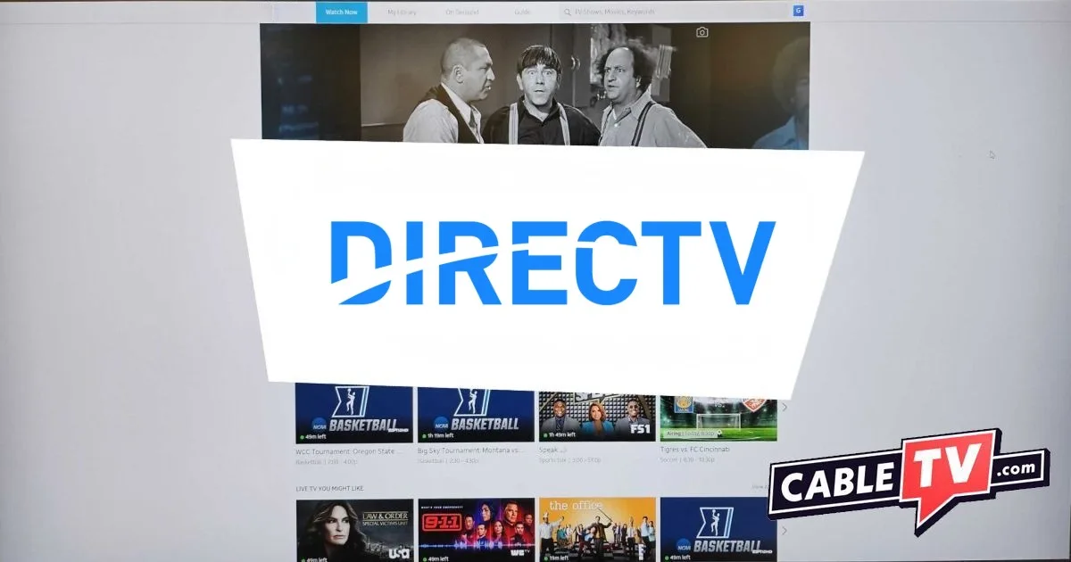 Screenshot of the DIRECTV Streaming “Watch Now” page with the brand and CableTV.com logos