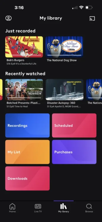 DVR Library Screenshot of the Xfinity Stream mobile app showing just recorded and recently watched items.