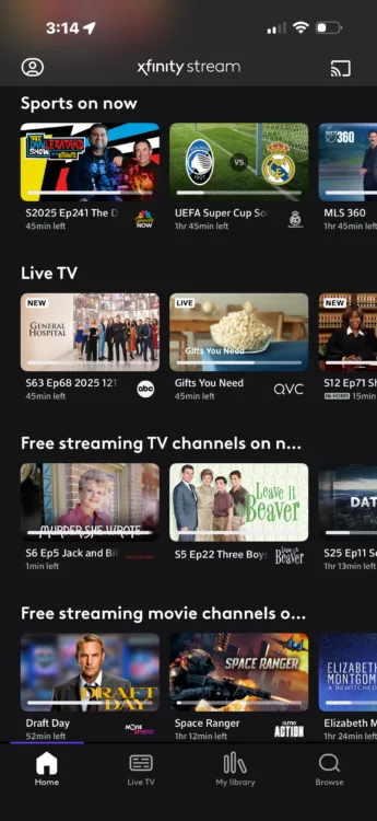 Home Screen - FurtherDown Screenshot of the Xfinity Stream mobile app showing thumbnails of viewing options divided into categories.