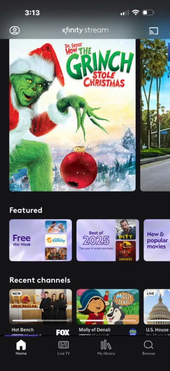 Home Screen - seasonal Screenshot of the Xfinity Stream mobile app showing seasonal content.