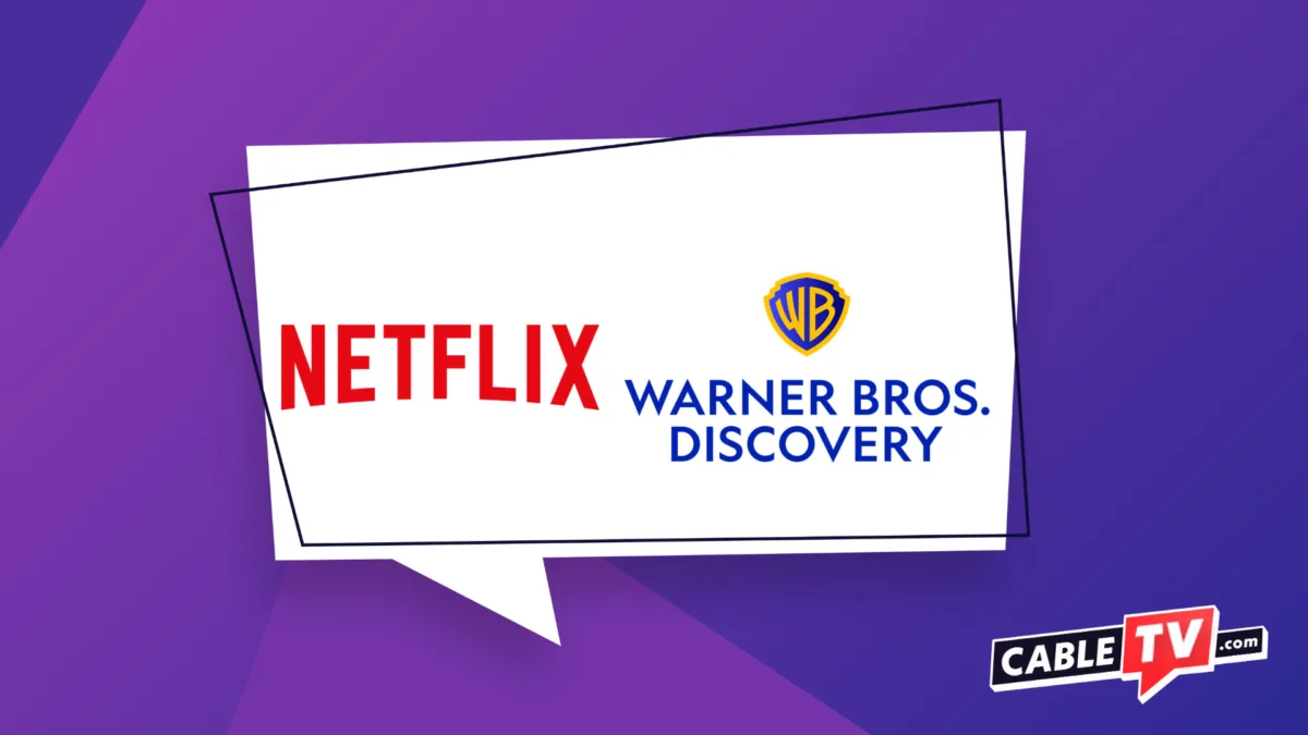 Netflix logo next to the Warner Bros. logo on a purple background.