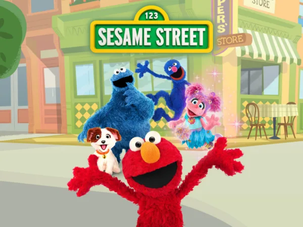 The “Sesame Street” logo above Cookie Monster, Grover, Abby, Elmo, and Tango.