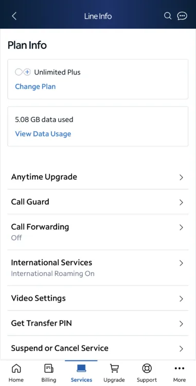 Spectrum App 1 Screenshot of Spectrum Mobile App with information on plan and data usage