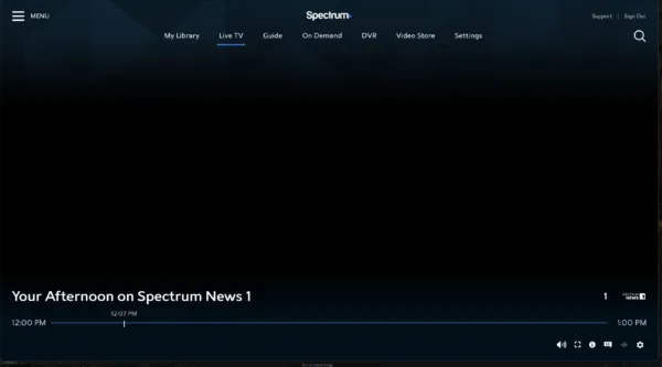 Spectrum's web-based streaming tool being used in a web browser showing Spectrum News 1.
