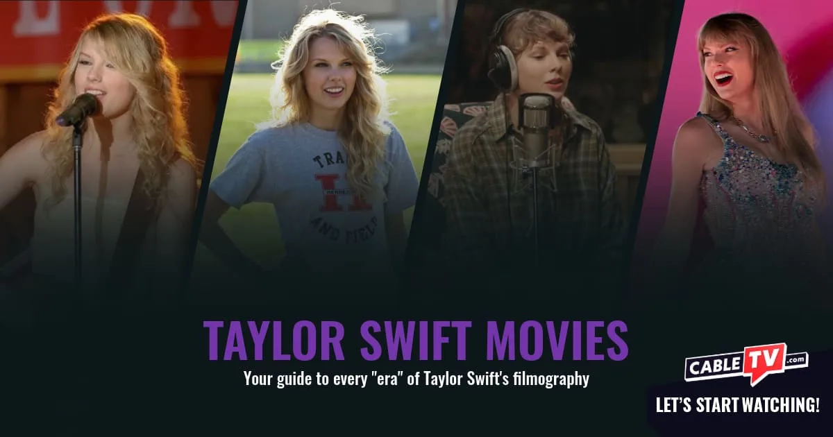 A collage of images from Taylor Swift movies, ranging from Hannah Montana: The Movie to The Eras Tour.