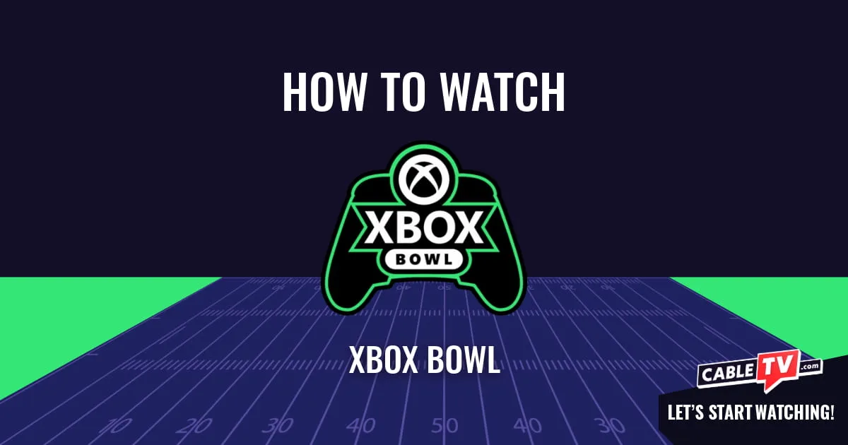 A "How to Watch" graphic featuring the Xbox Bowl logo centered above a stylized football field on a dark blue background.