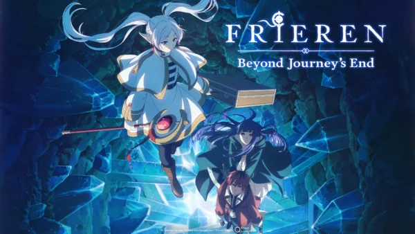 Key art for Frieren: Beyond Journey's End. A white-haired anime girl floats in a crystal cave.