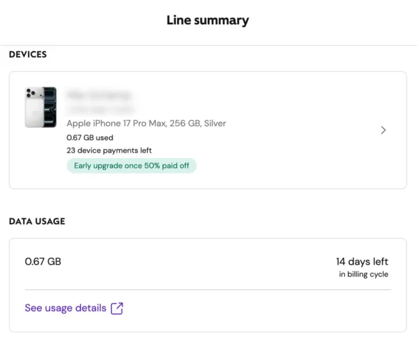 Line Summary Xfinity’s mobile app showing onscreen data usage.