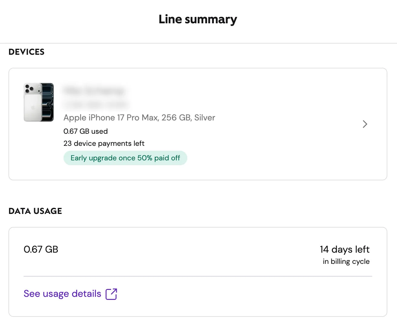 Xfinity’s mobile app showing onscreen data usage.
