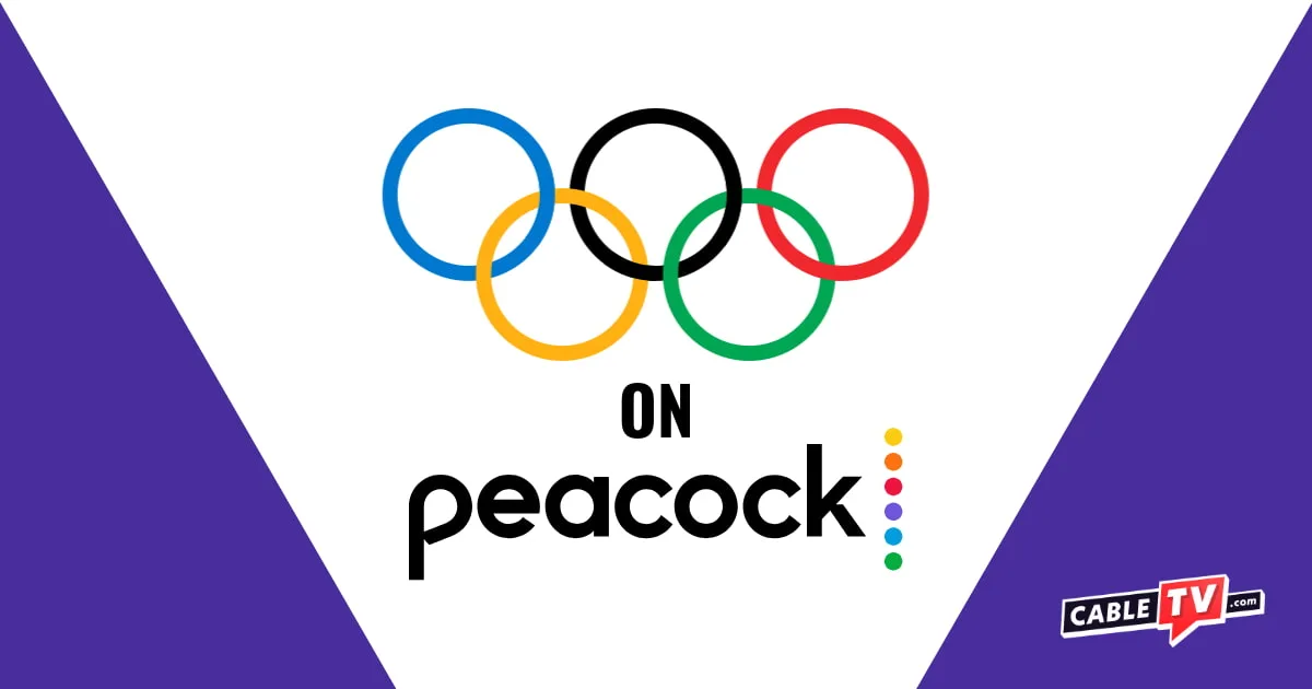 Iconic Olympic rinks on a white background with the Peacock logo underneath
