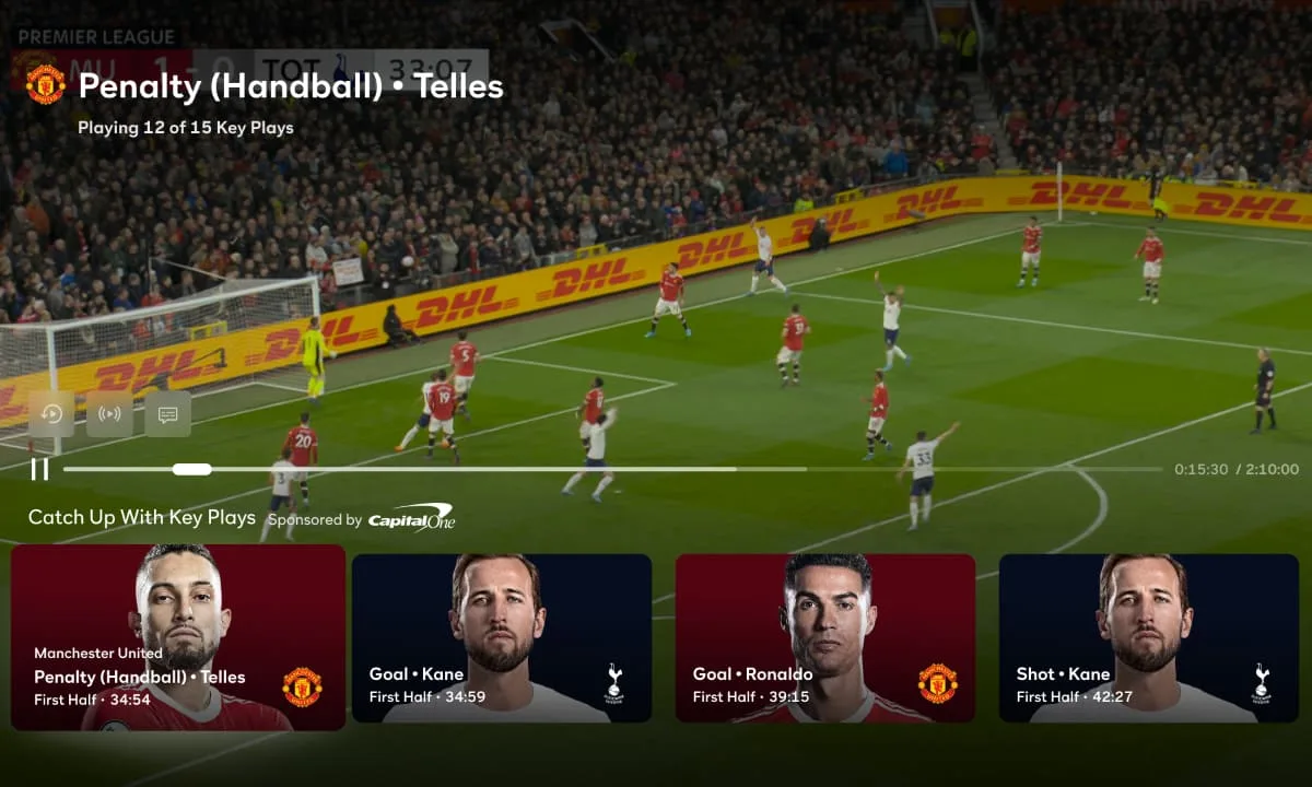 Screenshot of the Peacock app showing the Catch Up with Key Plays timeline overlaying a Premier League game.