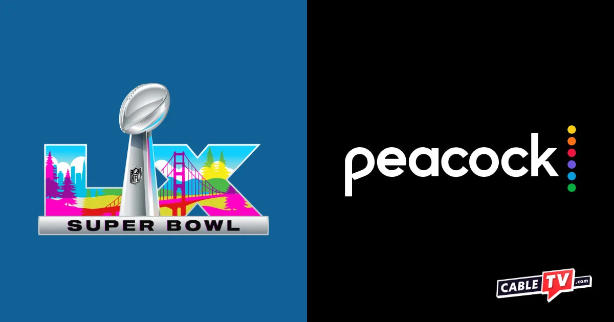 A graphic featuring the official Super Bowl LX logo on the left side and the Peacock streaming service logo on the right side.