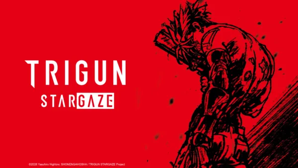 Key art for Trigun Stargaze, featuring an abstract figure on a bright red background.