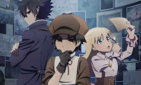 A young boy wearing an old-fashioned detective's hat puts his hand to his chin in a thinking gesture. Behind him, a girl in a pink dress inspects a clue.