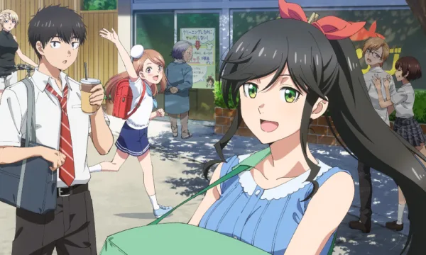 An anime girl in a blue dress carries a green box down a neighborhood street.